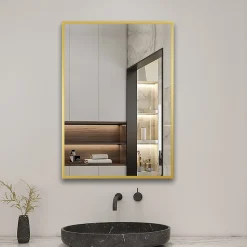 Miroir de salle de bain 70x50cm Cadre carré miroir or mat suspendu, horizontalement et verticalement, AICA SANITAIRE