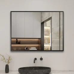 Miroir de salle de bain 80x60cm Cadre carré miroir noir mat suspendu horizontalement et verticalement, AICA SANITAIRE