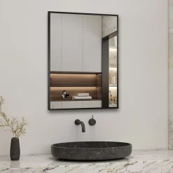 Miroir de salle de bain 80x60cm Cadre carré miroir noir mat suspendu horizontalement et verticalement, AICA SANITAIRE