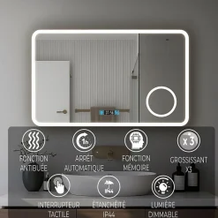 Miroir de salle de bain 80x60cm avec horloge digitale et éclairage LED à couleur réglable (2700K/4600K/6500K)