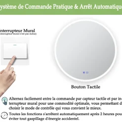 Miroir de salle de bains rond 80x80 cm - Anti-Buée , Mémoire, LED,Miroir lumineux de salle de bains