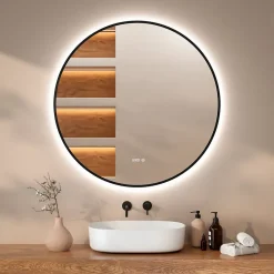 Miroir de salle de bains lumineux LED rond 120cm, Cadre noir, Antibuée