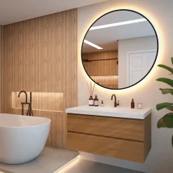 Miroir de salle de bains lumineux LED rond 120cm, Cadre noir, Antibuée