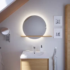 Miroir de salle de bains lumineux LED rond avec tablette bois, GoodHome Avela