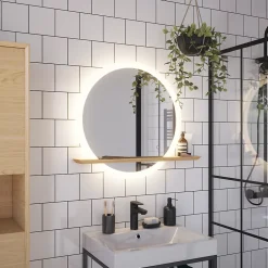 Miroir de salle de bains lumineux LED rond avec tablette bois, GoodHome Avela