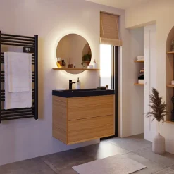Miroir de salle de bains lumineux LED rond avec tablette bois, GoodHome Avela