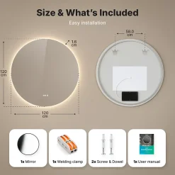 Miroir de salle de bains lumineux LED rond 120cm, Sans Cadre, Antibuée