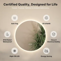 Miroir de salle de bains lumineux LED rond 120cm, Sans Cadre, Antibuée
