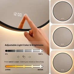 Miroir de salle de bains lumineux LED rond 100 cm, noir mat, antibuée
