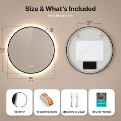 Miroir de salle de bains lumineux LED rond 100 cm, noir mat, antibuée