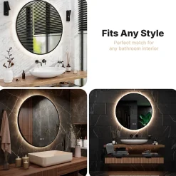 Miroir de salle de bains lumineux LED rond 100 cm, noir mat, antibuée