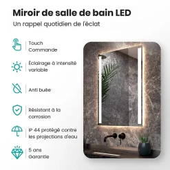 Miroir de salle de bains lumineux LED rectangulaire 90x65 cm, Sans cadre, chauffant antibuée