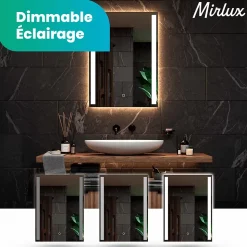 Miroir de salle de bains lumineux LED rectangulaire 90x65 cm, Sans cadre, chauffant antibuée