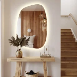 Miroir forme originale lumineux Tulup 91 x 66 cm découpe biseautée lumière chaud