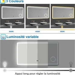 Miroir LED antibuée 80x60 avec zone grossissante X3 température de couleur réglable SANILAND