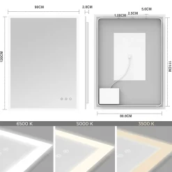 Miroir LED lumineux TEMEO 90 x 120 cm (ou 120x90) antibuée + intensité 2100 lms & couleur réglables salle de bain - Saniverre