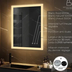 Miroir LED lumineux TEMEO 70 x 100 cm (ou 100x70) antibuée + intensité 2100 lms & couleur réglables salle de bain - Saniverre