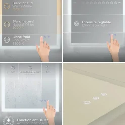 Miroir LED lumineux TEMEO 70 x 100 cm (ou 100x70) antibuée + intensité 2100 lms & couleur réglables salle de bain - Saniverre