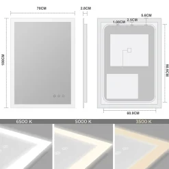 Miroir LED lumineux TEMEO 70 x 100 cm (ou 100x70) antibuée + intensité 2100 lms & couleur réglables salle de bain - Saniverre