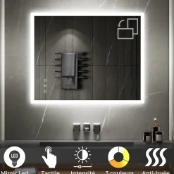 Miroir LED lumineux TEMEO 80 x 100 cm (ou 100x80) antibuée + intensité 2100 lms & couleur réglables salle de bain - Saniverre