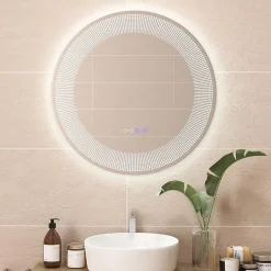 Miroir LED Mural de Salle de Bain Eclairage LED 3 Couleurs Fonction Memoire Antibuee Lecture Heure Temperature Rond-Blanc