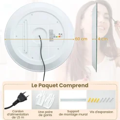 Miroir LED Mural de Salle de Bain Eclairage LED 3 Couleurs Fonction Memoire Antibuee Lecture Heure Temperature Rond-Blanc
