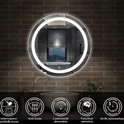 Miroir LED rond de 60cm, dimmable + mémoire + antibuée, IP44, avec interrupteur tactile, 6000k blanc froid, AICA SANITAIRE