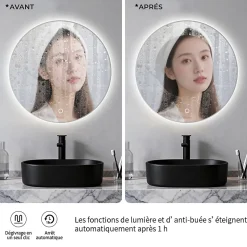 Miroir LED rond pour salle de bain de diamètre 60cm avec éclairage LED lumière froide SANILAND
