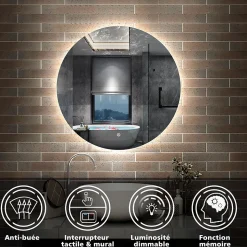 Miroir LED rond sans cadre de 90cm, dimmable + mémoire + antibuée, IP44, horizontal/vertical, 6000k blanc froid, AICA SANITAIRE