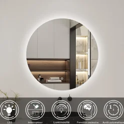 Miroir LED rond sans cadre de 80cm, dimmable + mémoire, IP44, horizontal/vertical, 6000k blanc froid, AICA SANITAIRE