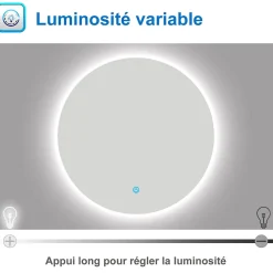 Miroir LED rond sans cadre de 80cm, dimmable + mémoire + antibuée, IP44, horizontal/vertical, 6000k blanc froid, AICA SANITAIRE