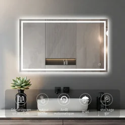 Miroir LED Réversible pour Salle de Bain 80x110 cm - Anti-Buée avec Interrupteur Tactile