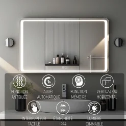 Miroir LED Salle de bain 120x70cm avec horloge digitale et hauts parleurs Bluetooth SANILAND