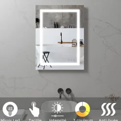 Miroir LED salle de bain OBLONG 60 x 80 cm réversible, anti-buée + éclairage et intensité réglables - Saniverre