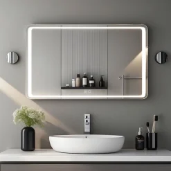 Miroir LED Salle de bain 70x50cm avec horloge digitale et hauts parleurs Bluetooth SANILAND
