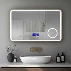 Miroir LED spécial maquillage 100x60 avec zone grossissante X3 et horloge digitale pour salle de bain