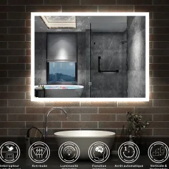Miroir lumineux à LED, 80x60cm, dimmable, avec mémoire et anti-buée, IP44, horizontal/vertical, blanc froid, AICA SANITAIRE