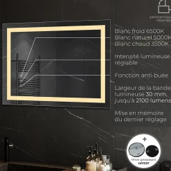 Miroir lumineux CIMEO 60 x 80 cm (ou 80x60) LED 2100 lms, antibuée + intensité & couleur réglables salle de bain - Saniverre
