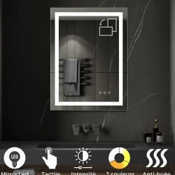 Miroir lumineux CIMEO 70 x 90 cm (ou 90x70) LED 2100 lms, antibuée + intensité & couleur réglables salle de bain - Saniverre