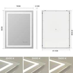 Miroir lumineux CIMEO 70 x 90 cm (ou 90x70) LED 2100 lms, antibuée + intensité & couleur réglables salle de bain - Saniverre