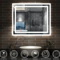 Miroir lumineux dimmable, 60x50cm, avec mémoire, salle de bain anti-buée, 6000k blanc froid, IP44, AICA SANITAIRE