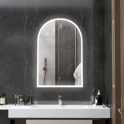 Miroir lumineux LED arqué de salle de bain 90 x 60 cm - tactile, réglable, anti-buée - alu noir