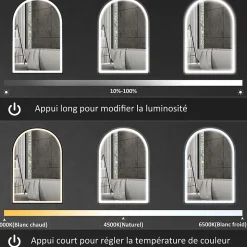 Miroir lumineux LED arqué de salle de bain 90 x 60 cm - tactile, réglable, anti-buée - alu noir