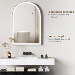Miroir lumineux LED arqué de salle de bain 90 x 60 cm - tactile, réglable, anti-buée - alu noir
