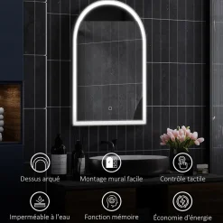Miroir lumineux LED arqué de salle de bain 90 x 60 cm - tactile, réglable, anti-buée - alu noir