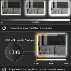 Miroir lumineux LED salle de bain 100x80cm bluetooth interrupteur tactile lumière réglable 3 couleurs fonction antibuée mémoire