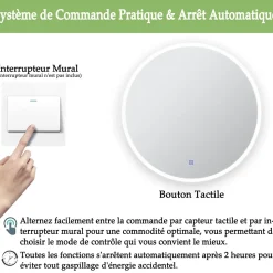 Miroir lumineux salle de bains rond 80x80 cm - Anti-Buée , Mémoire, LED,Miroir salle de bains