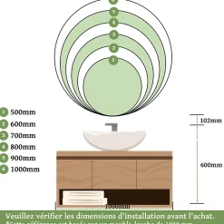 Miroir lumineux salle de bains rond 80x80 cm - Anti-Buée , Mémoire, LED,Miroir salle de bains