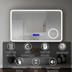 Miroir lumineux 160x800 pour salle de bain avec zone grossissante et hauts parleurs Bluetooth SANILAND