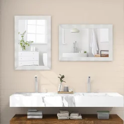Miroir Mural 106 x 71,5 cm, Cadre en Bois d'Hévéa, Miroir de Courtoisie à Suspension, pour Salle de Bain, Salon, Entrée, Blanc